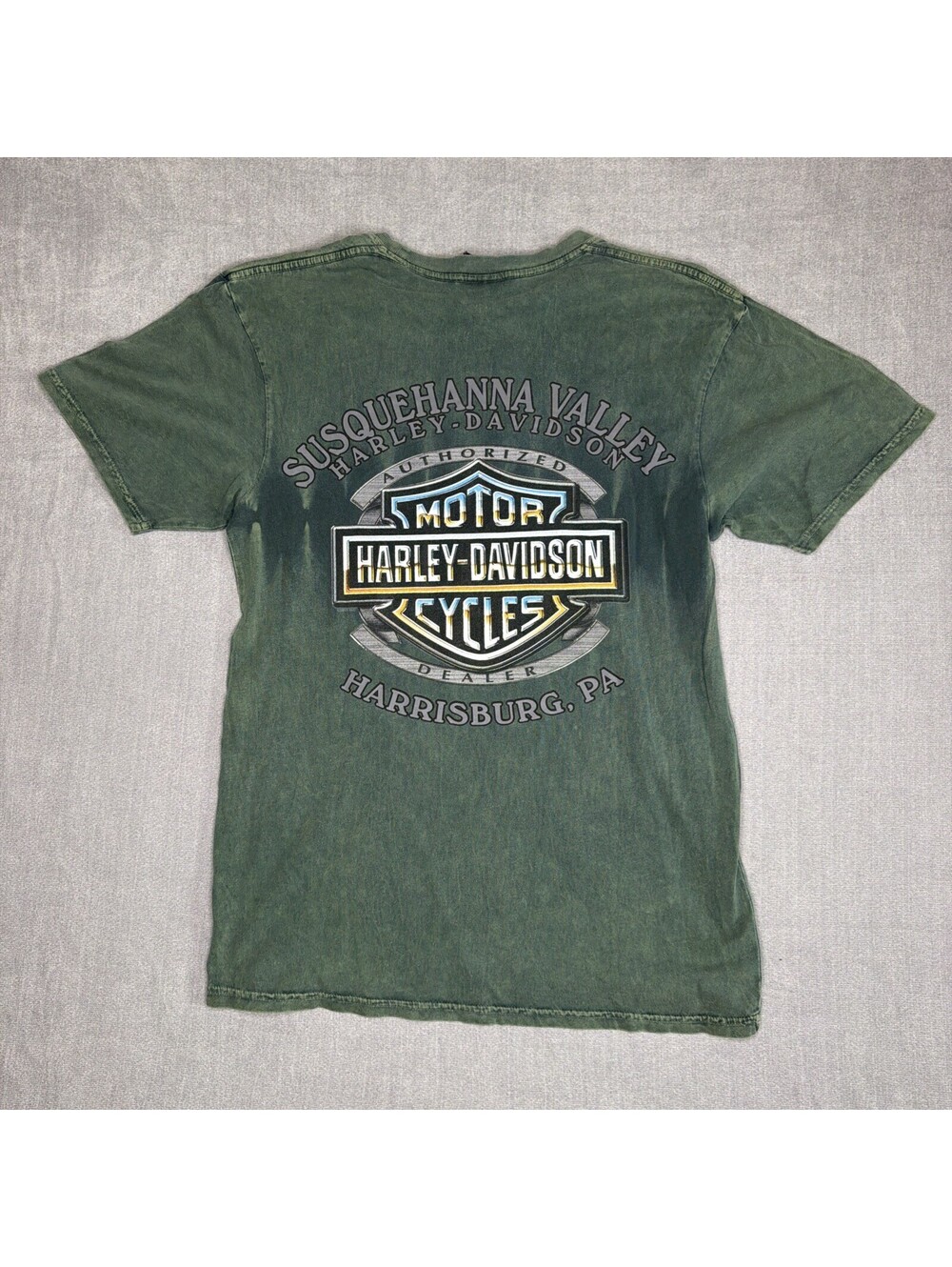 Y2K Harley-Davidson Eagle Chrome Green Acid Wash Shirt Medium Grunge Distressed